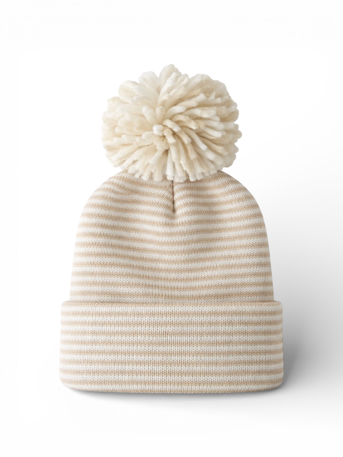Cream and beige striped knit beanie with a fluffy pom-pom on top, displayed against a white background.