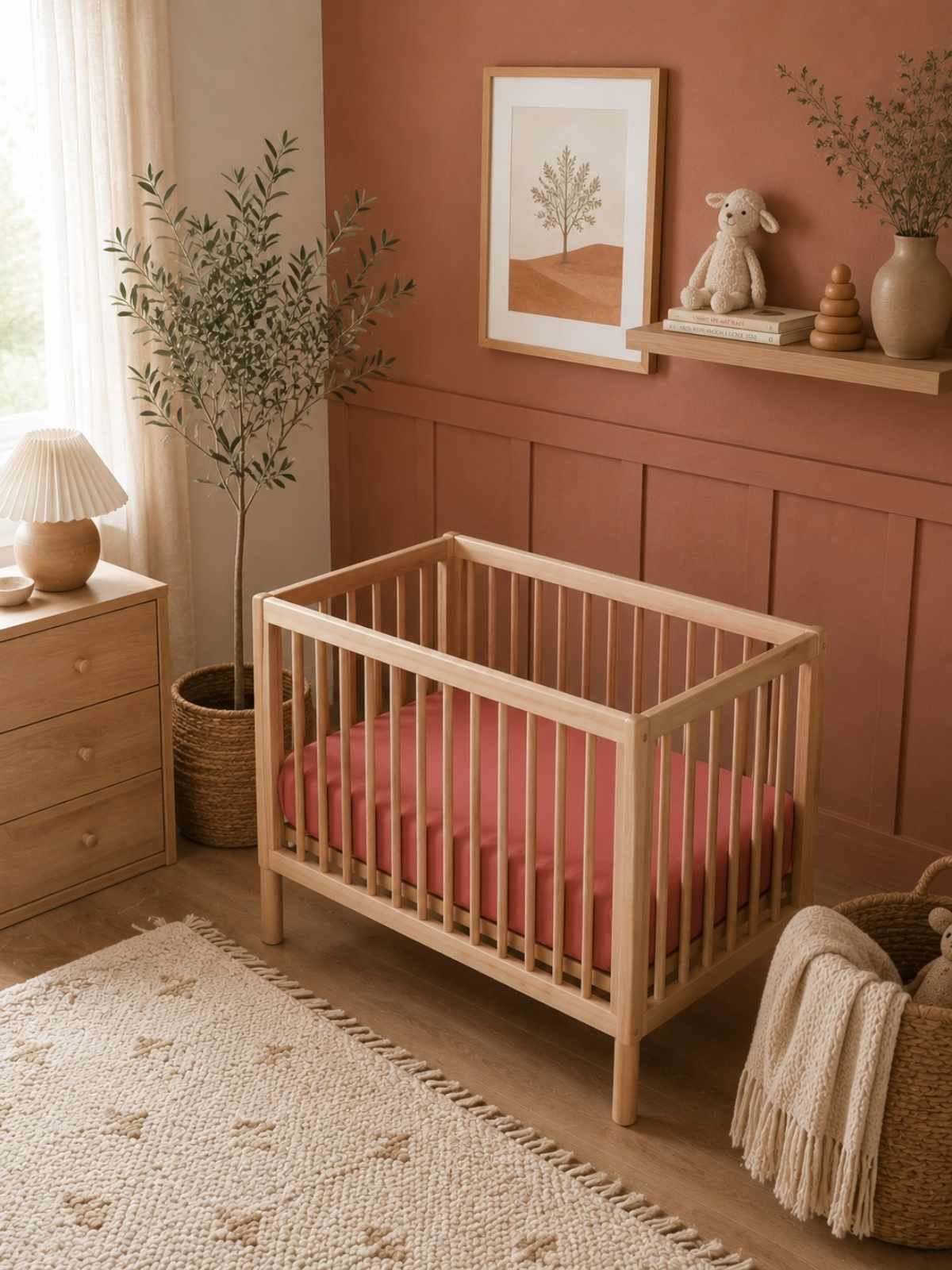 Cozy nursery featuring a wooden crib, soft bedding, and decorative elements in warm tones.