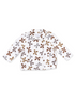White long-sleeve shirt with a colorful floral pattern in brown and black.