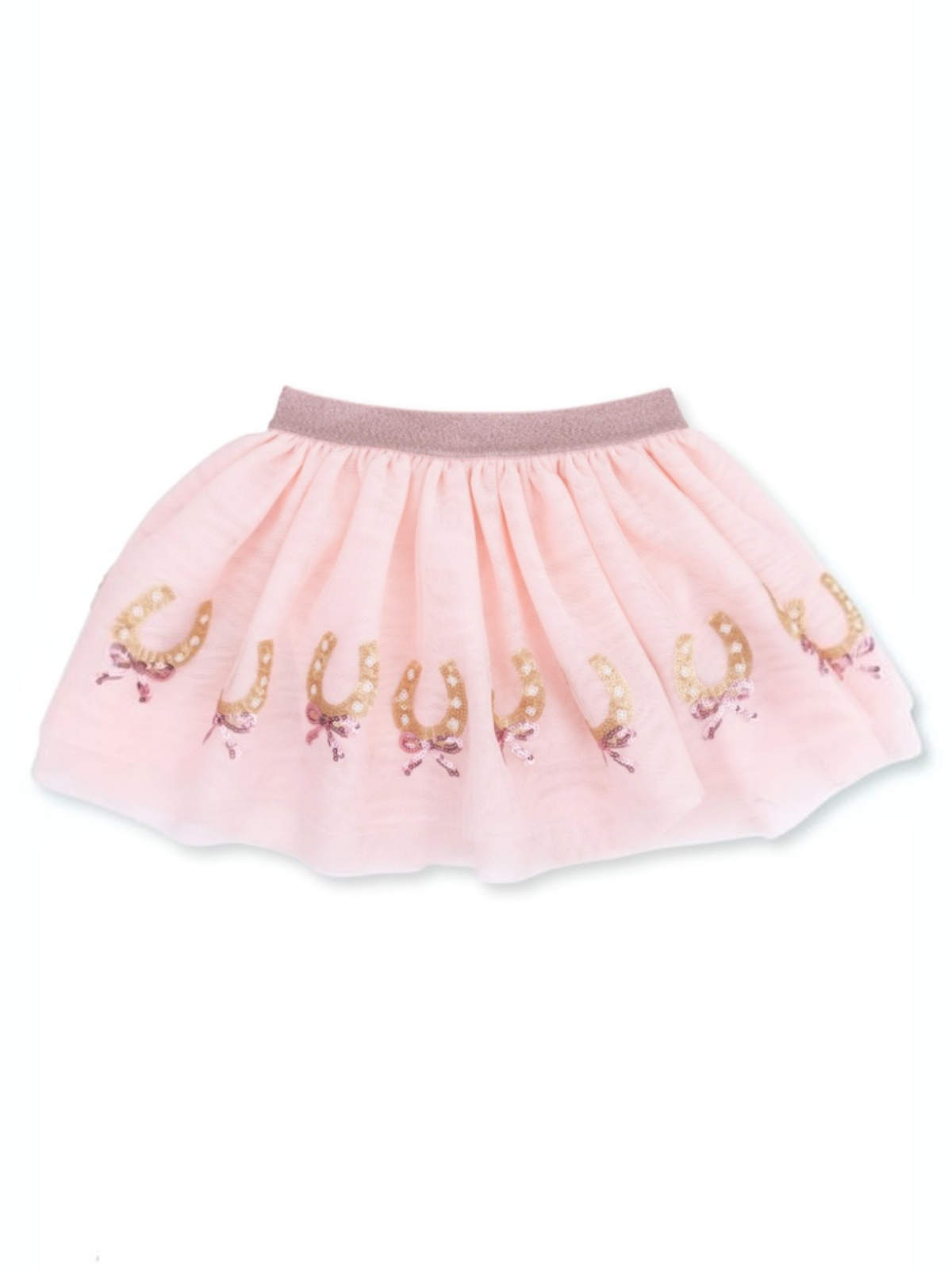 Pink skirt with horseshoe and bow embroidery, featuring a soft elastic waistband.