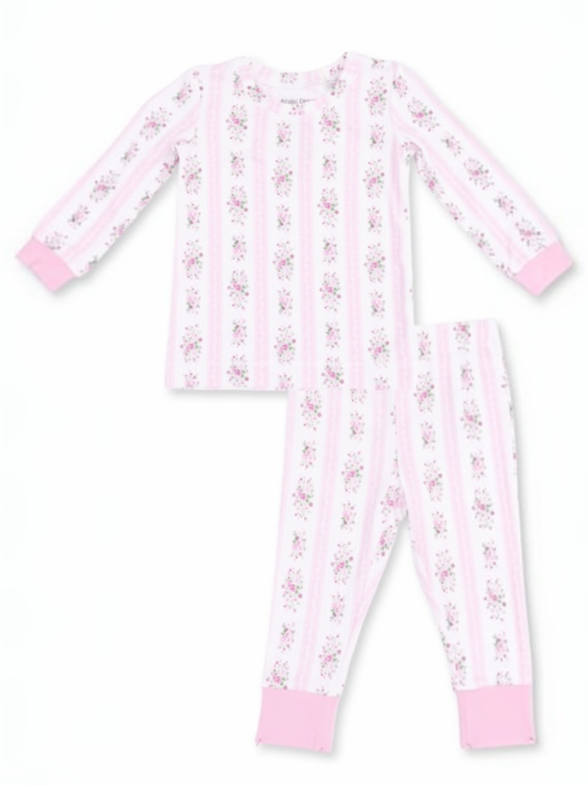 Children's pink and white striped pajamas with floral patterns and fitted cuffs. Ideal for cozy sleepwear.