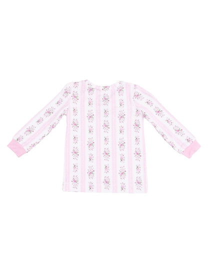Long-sleeve pink blouse with floral pattern and striped design. Lightweight fabric suitable for casual wear.