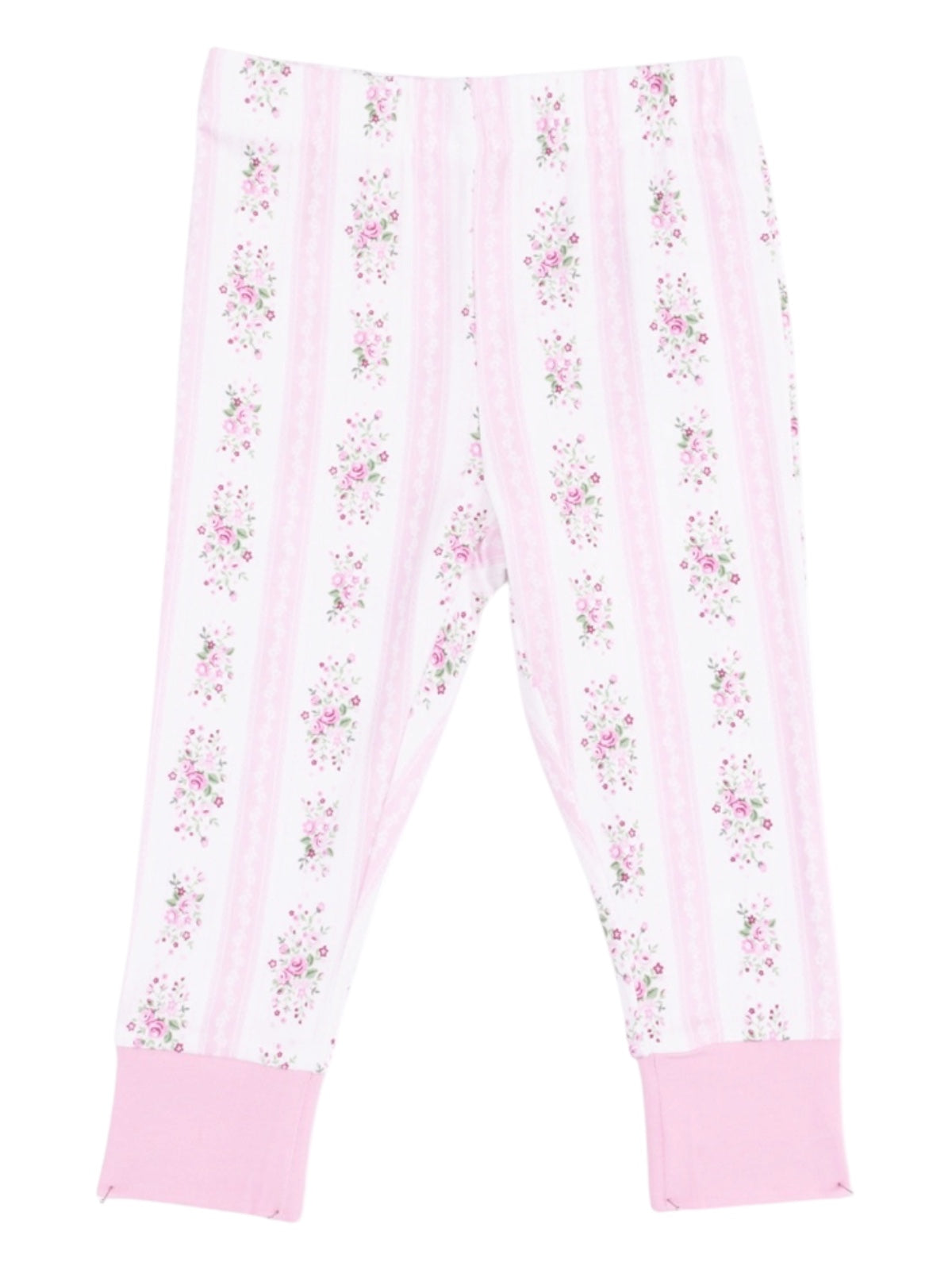 Pink and white floral print leggings with pink cuffs, designed for comfort and style.
