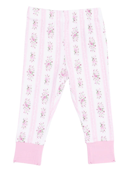 Pink and white floral print leggings with pink cuffs, designed for comfort and style.