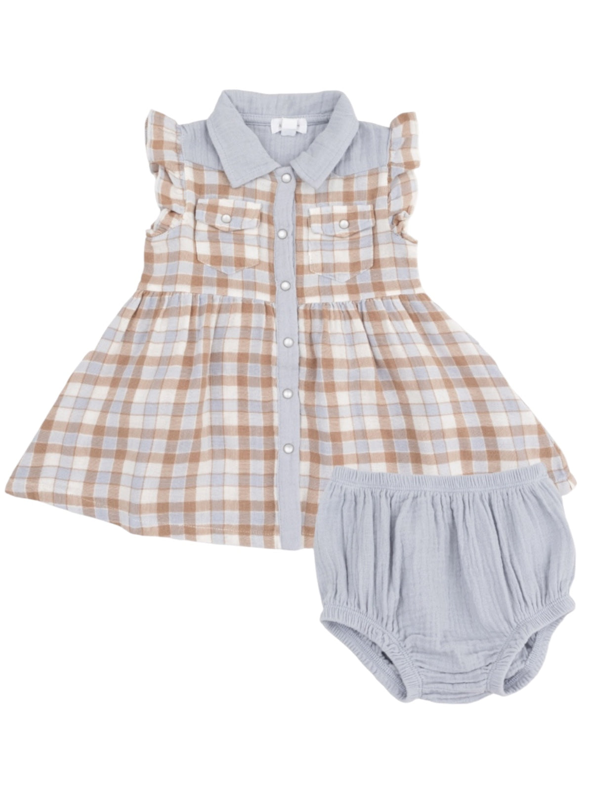 Girls' plaid dress with ruffled sleeves and matching bloomers in beige and blue shades. Ideal for warm weather outfits.