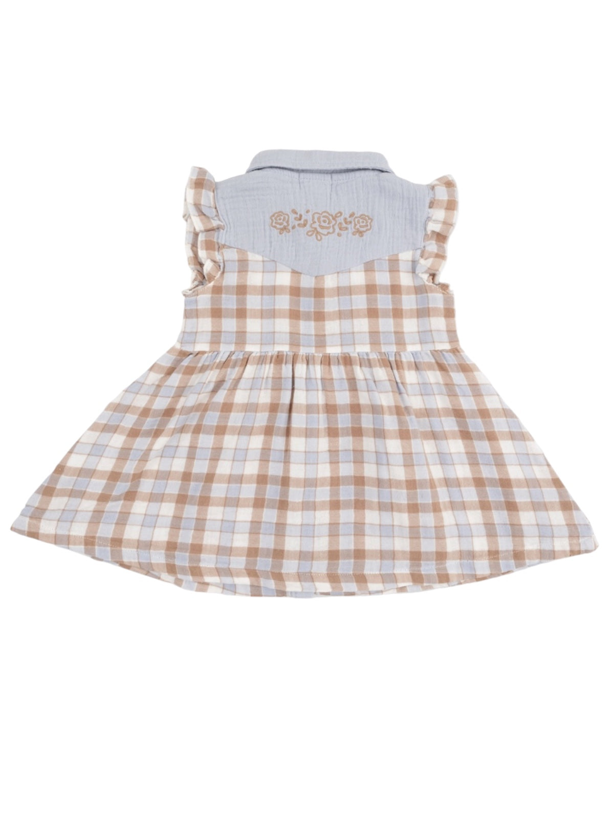 Brown and blue plaid dress with ruffled straps and floral embroidery on the back.