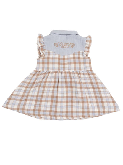 Brown and blue plaid dress with ruffled straps and floral embroidery on the back.