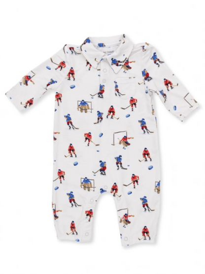 White baby onesie with colorful hockey player prints and a collar. Perfect for young sports enthusiasts.