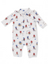 White baby onesie with colorful hockey player prints and a collar. Perfect for young sports enthusiasts.