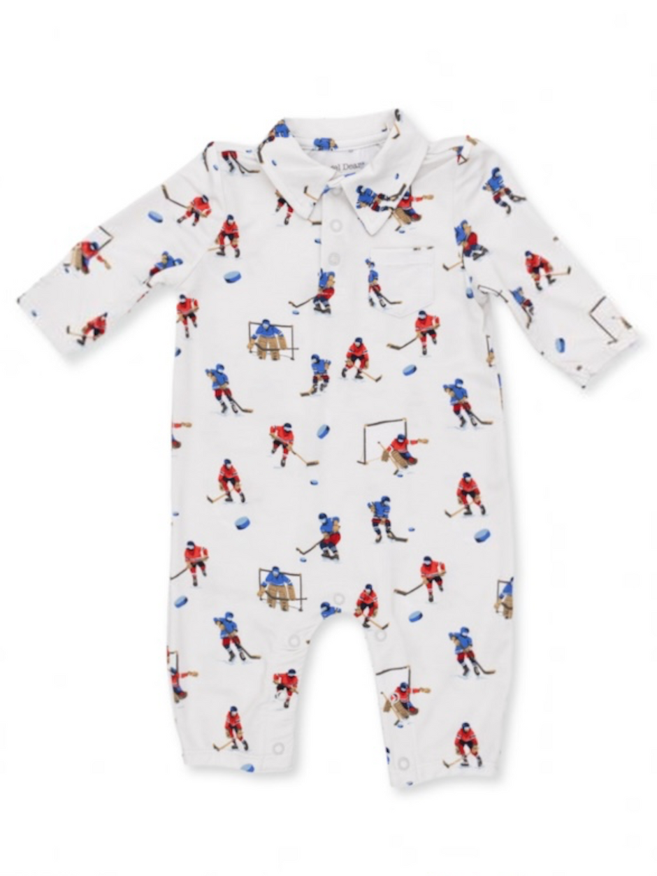 White baby onesie with colorful hockey player prints and a collar. Perfect for young sports enthusiasts.