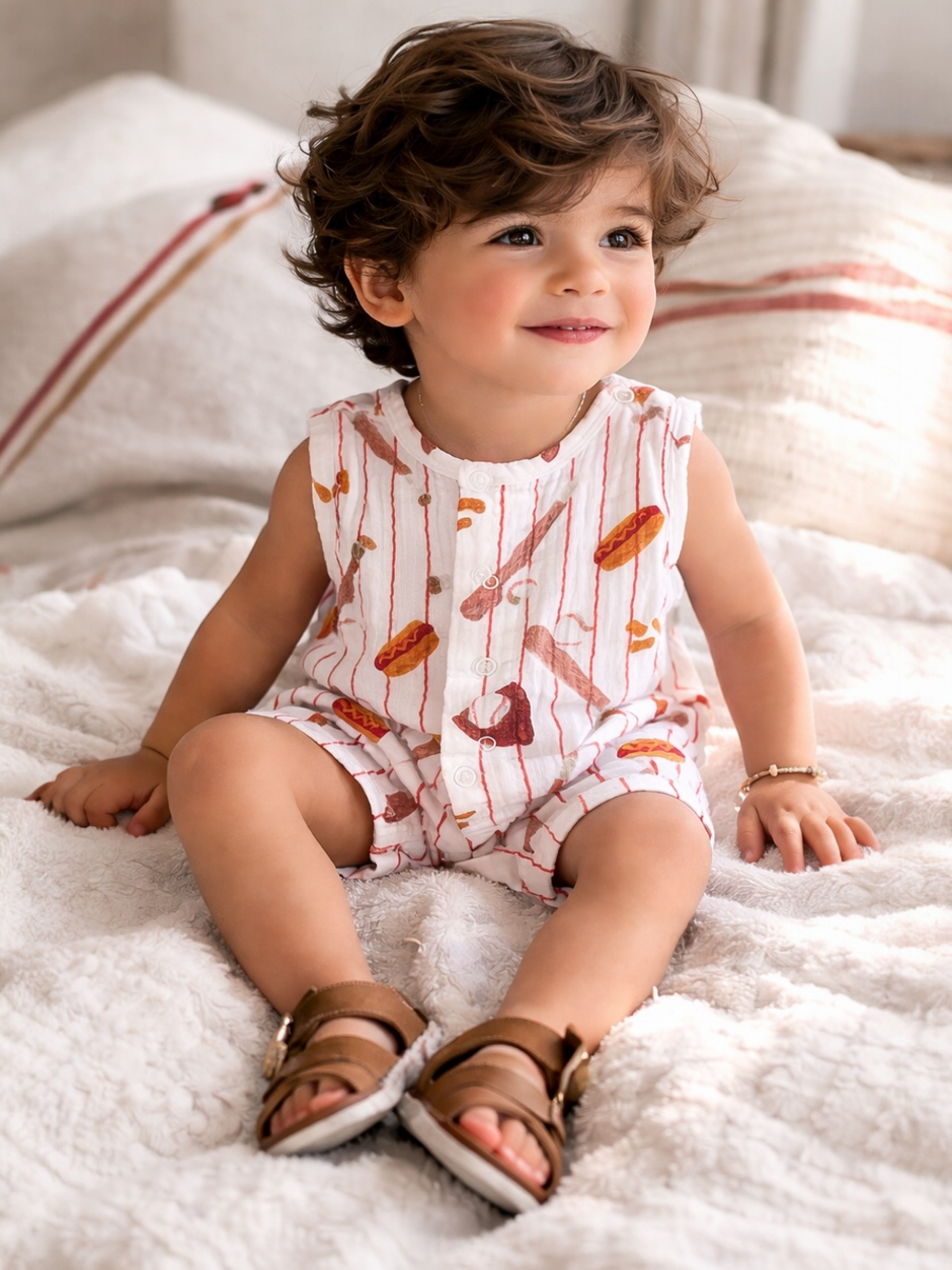 Smiling toddler with curly hair sits on a soft blanket, wearing a playful outfit with food patterns and sandals.