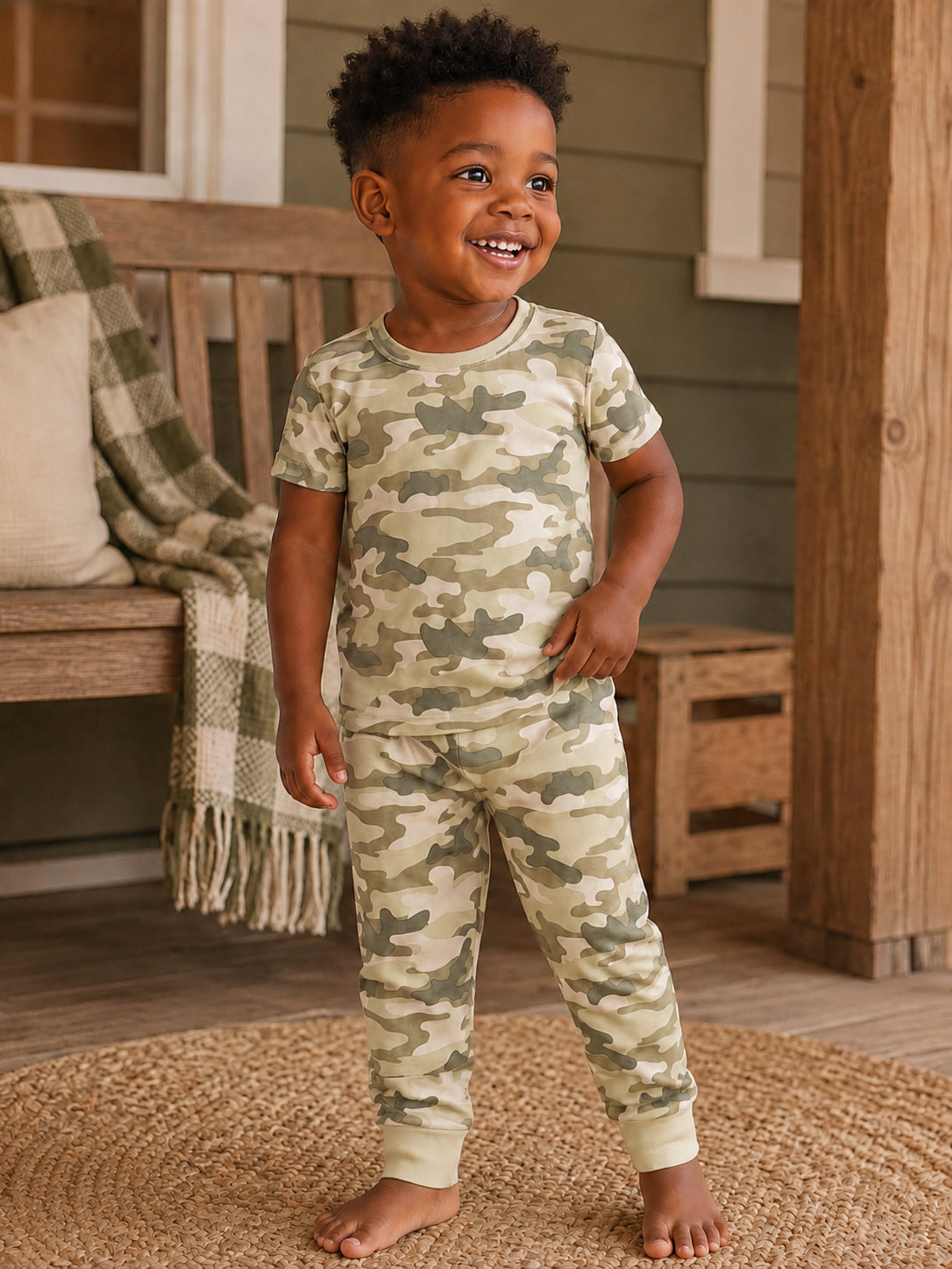 Smiling toddler in camouflage pajamas stands on a porch, showcasing a joyful expression.