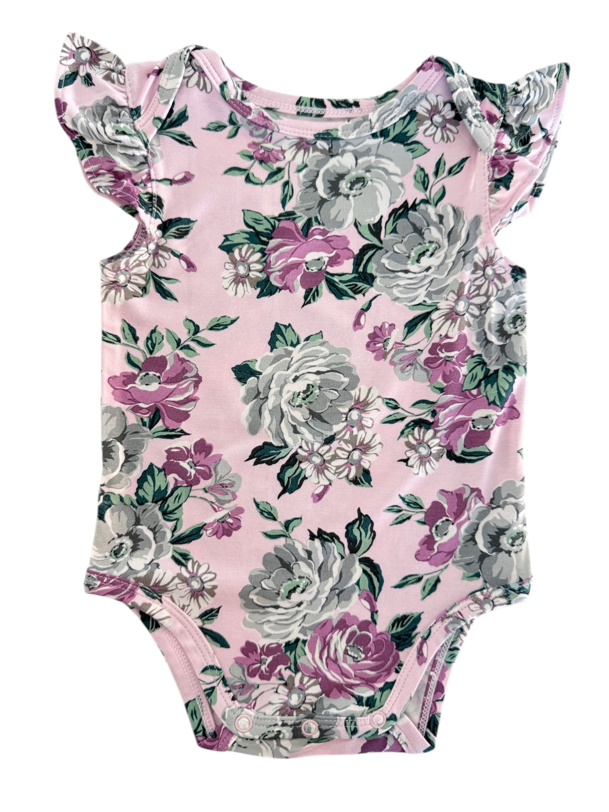 Pink floral baby onesie with ruffled sleeves and snap closure at the bottom. Perfect for spring outfits.