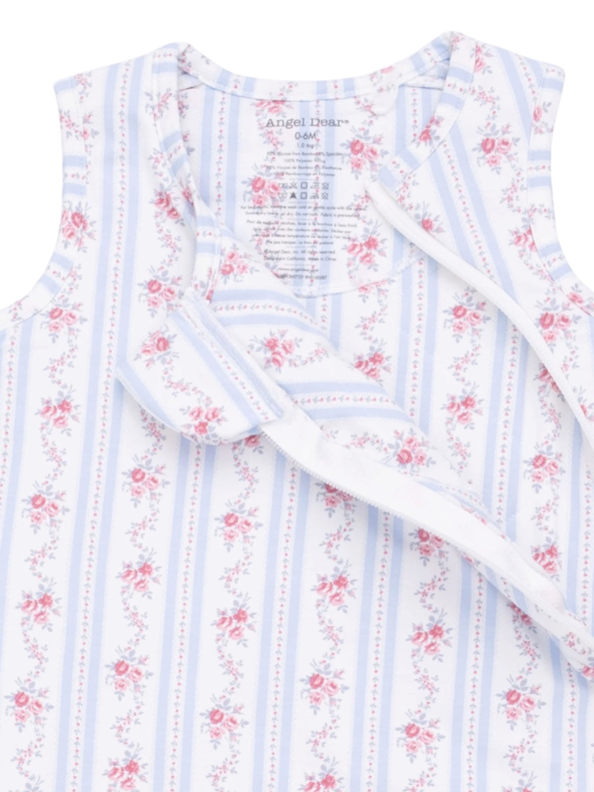 Floral-patterned infant romper with blue and white stripes, featuring snaps and delicate rose designs.