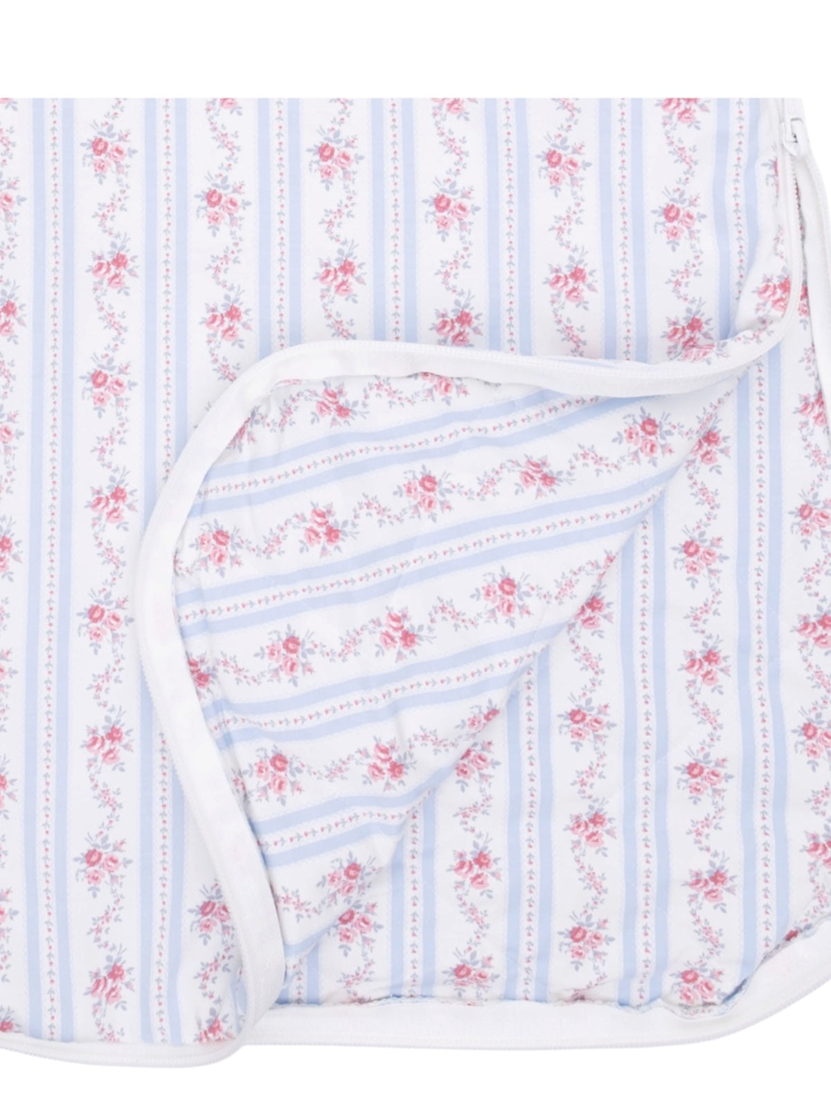 Floral patterned fabric in blue and white stripes, featuring pink roses and a white border design.