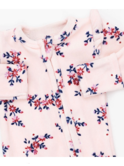 Pink floral onesie with navy and red flowers, featuring a zipper and long sleeves for warmth and comfort.