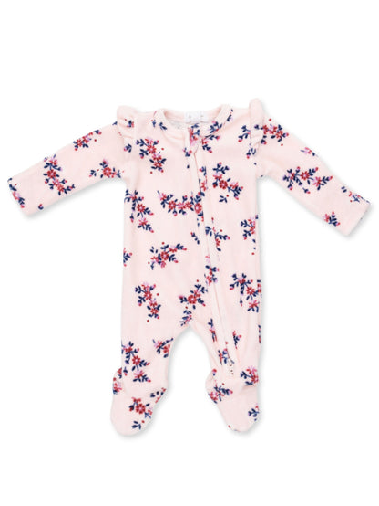 Pink floral baby onesie with ruffled shoulders and footed design, featuring small blue and red flowers.