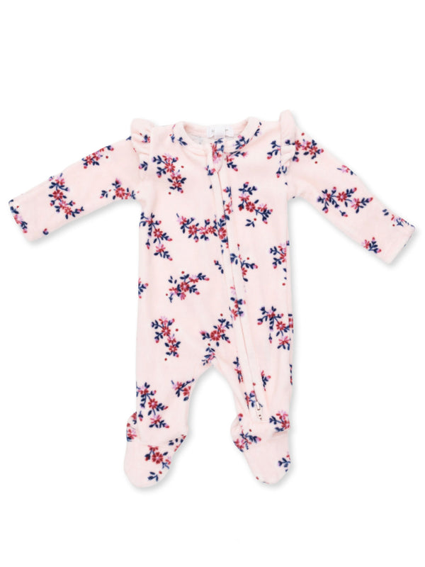 Pink floral baby onesie with ruffled shoulders and footed design, featuring small blue and red flowers.
