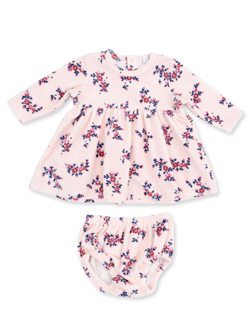 Pink floral dress with long sleeves and matching bloomers for infants. Ideal for casual or special occasions.