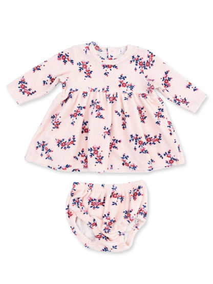 Pink floral dress with long sleeves and matching bloomers for infants. Ideal for casual or special occasions.