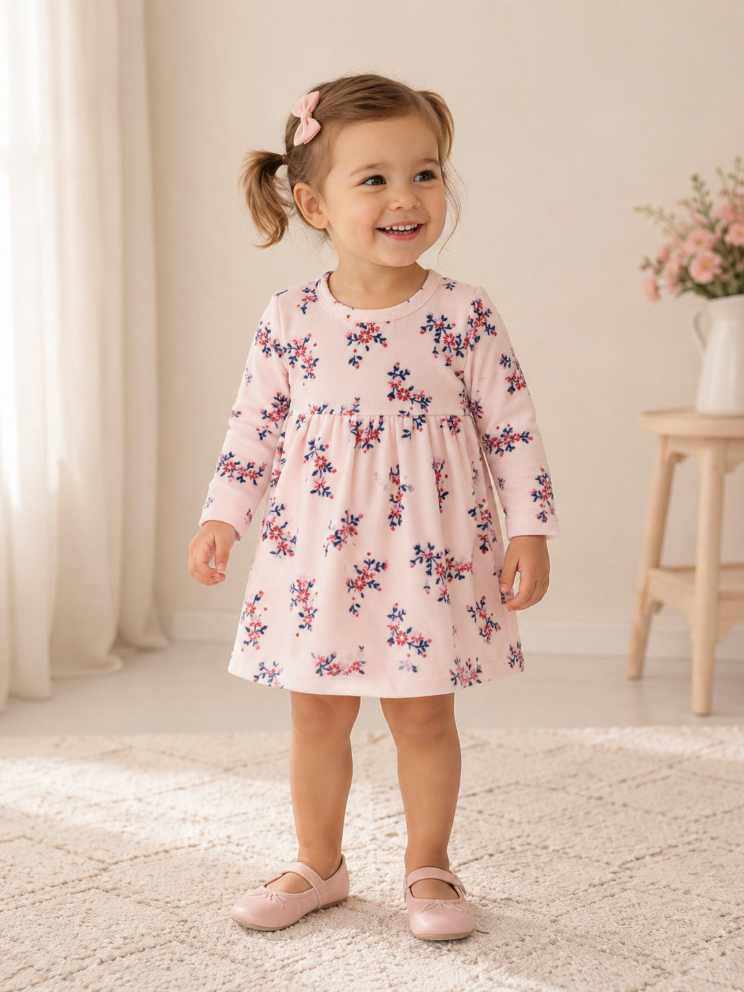Smiling toddler in a floral dress and pink shoes, standing on a rug with soft lighting and a vase of flowers nearby.