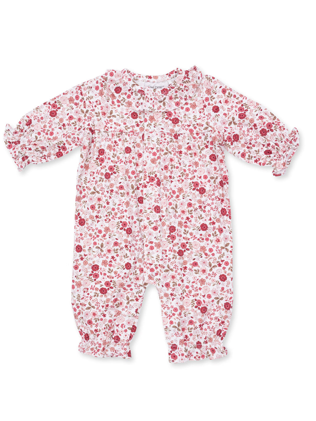 Floral print baby romper in soft pink and white, featuring gathered sleeves and leg openings.