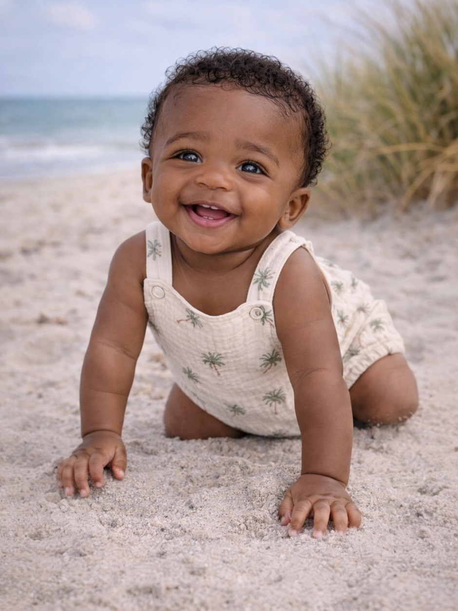 Smiling baby crawling on sandy beach, wearing a light outfit with palm tree patterns.