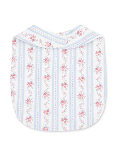 Floral-patterned baby bib with a light blue and white striped design and a rounded collar.