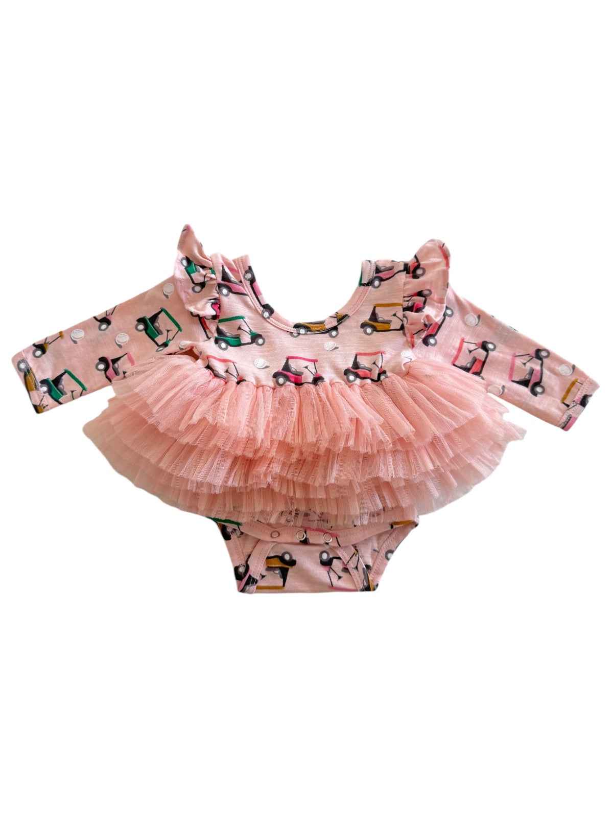 Pink baby onesie with ruffled sleeves and a layered tulle skirt featuring colorful golf cart prints.