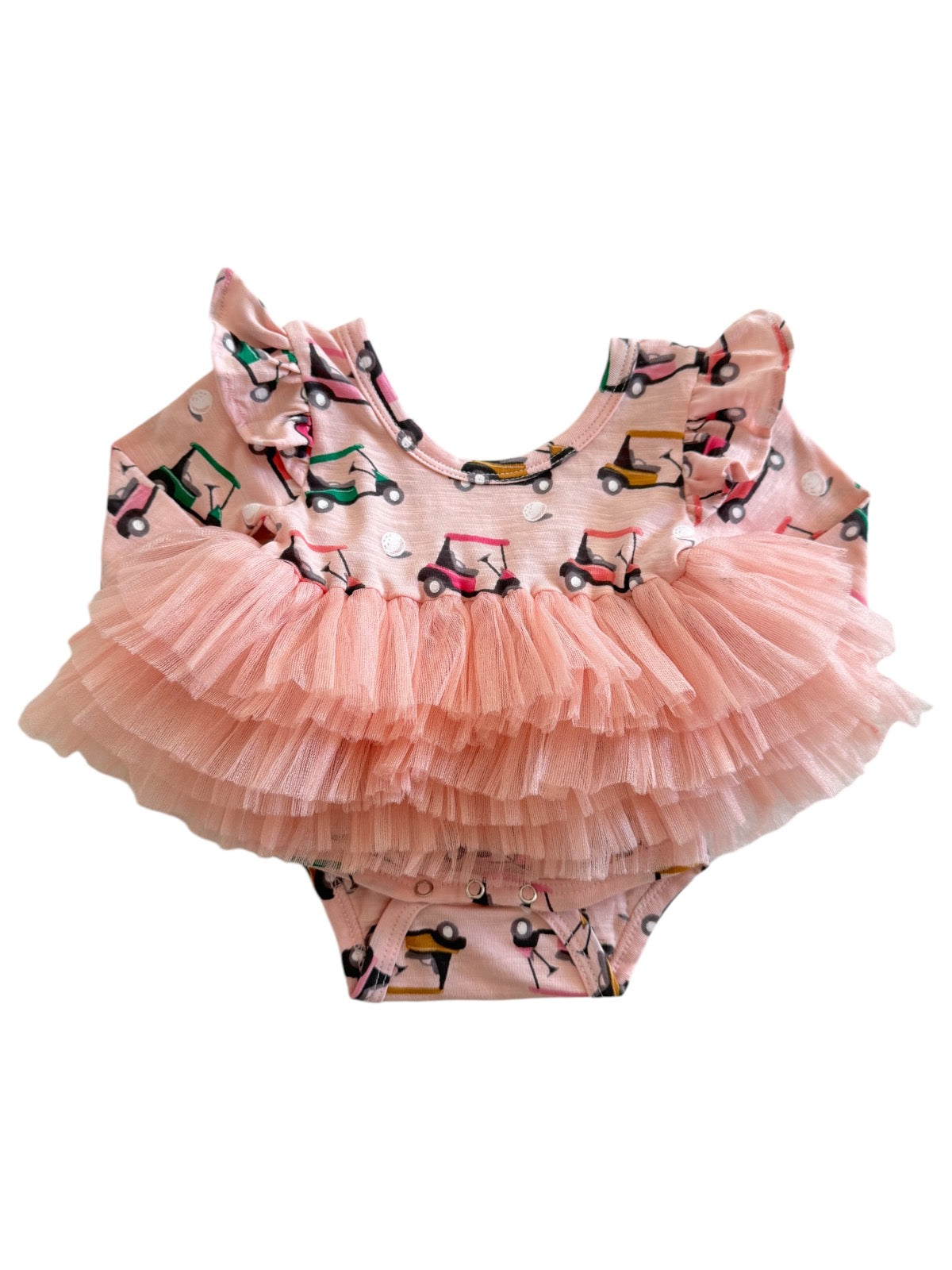 Pink ruffled swimsuit with a fun golf cart pattern, designed for toddlers.