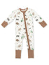 Baby pajama onesie featuring woodland animal prints with a front zipper and brown accents. Ideal for cozy nights.