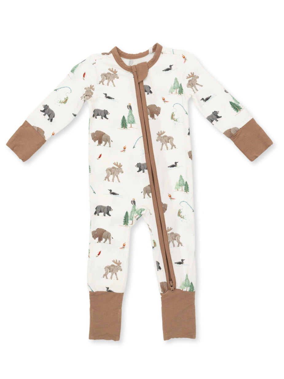 2-Way Zip Romper, Northern Woodland Animals