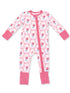 Pink floral baby onesie with long sleeves and a front zipper, featuring rose patterns and pink cuffs.