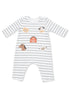 Gray and white striped baby romper featuring animal graphics: pig, cow, horse, sheep, and a red barn.