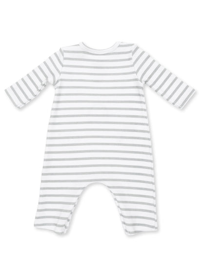 Back view of a striped baby onesie in white and gray with long sleeves.