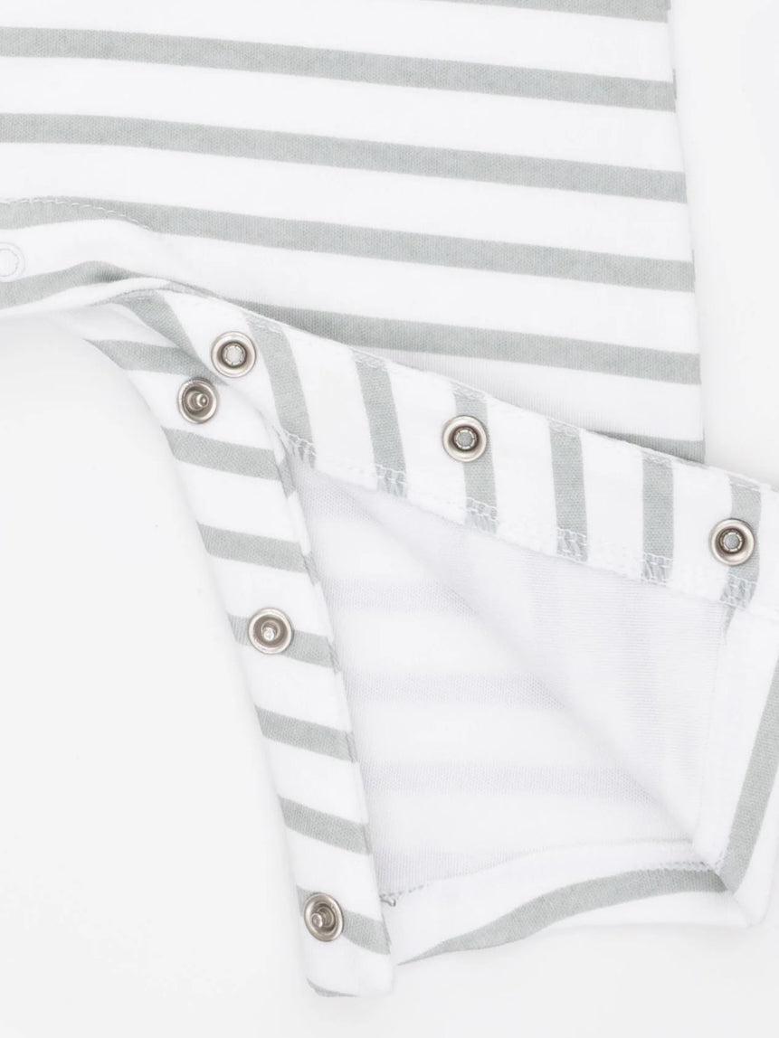 Gray and white striped fabric with snap closures at the bottom. Suitable for baby clothing.