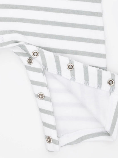 Gray and white striped fabric with snap closures at the bottom. Suitable for baby clothing.