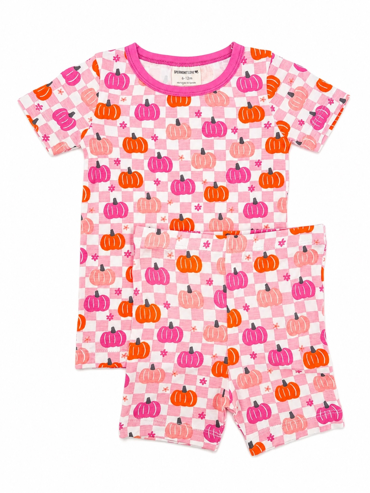 Pink pajamas with colorful pumpkin patterns, featuring a short-sleeve top and shorts. Perfect for cozy nights.