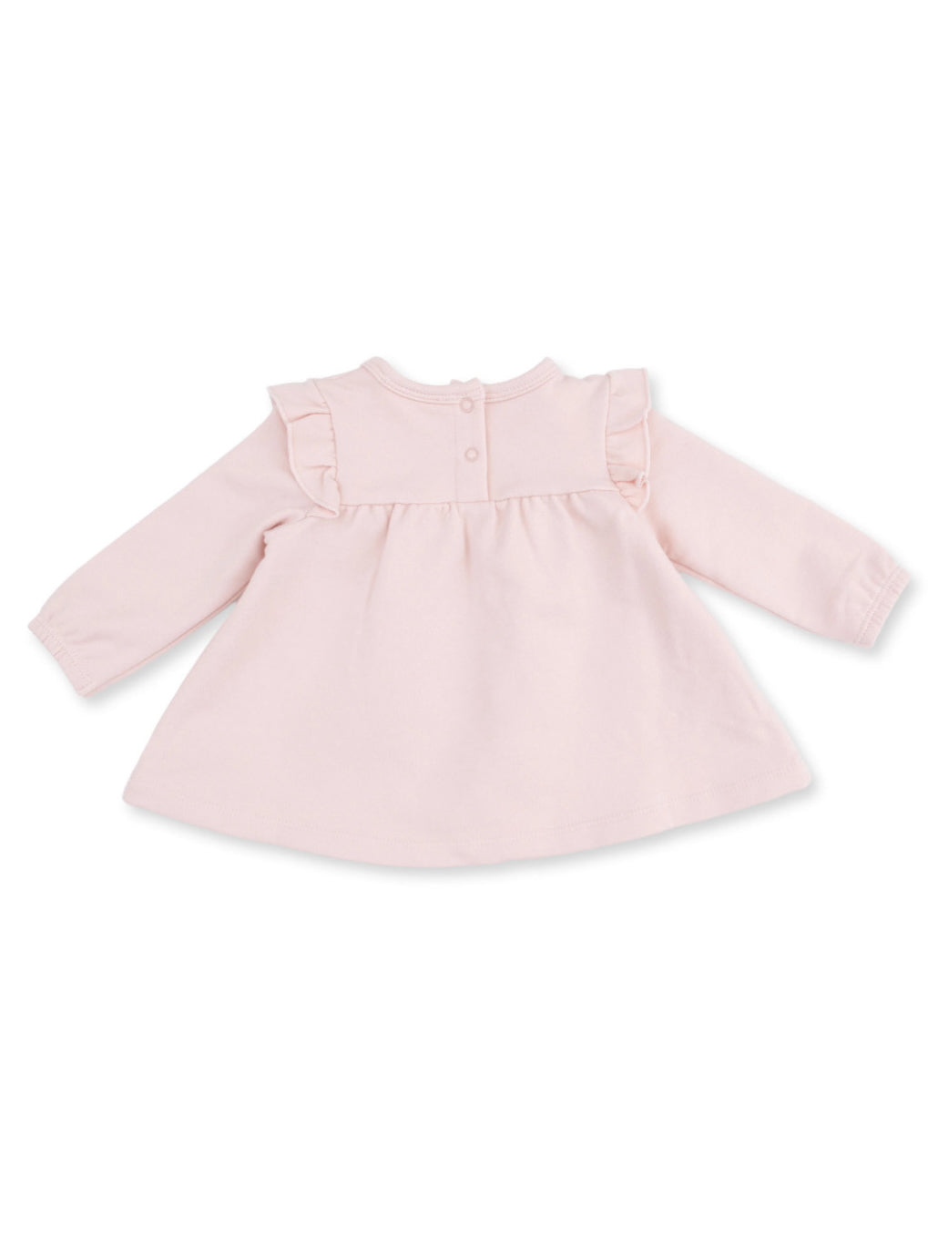 Light pink toddler dress with long sleeves and ruffled shoulders, featuring button closure at the back.
