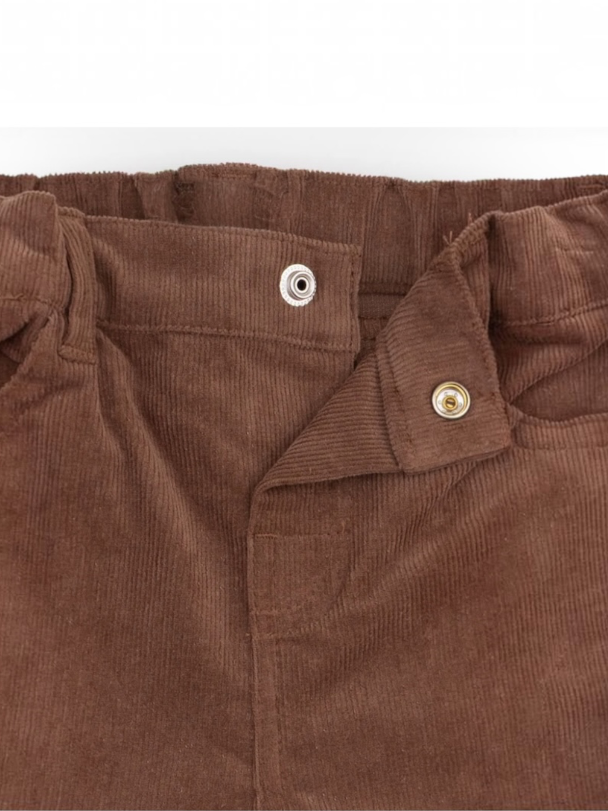 Brown corduroy pants with a button closure and elastic waistband, featuring pocket detail.