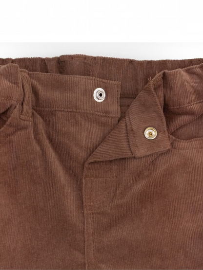 Brown corduroy pants with a button closure and elastic waistband, featuring pocket detail.