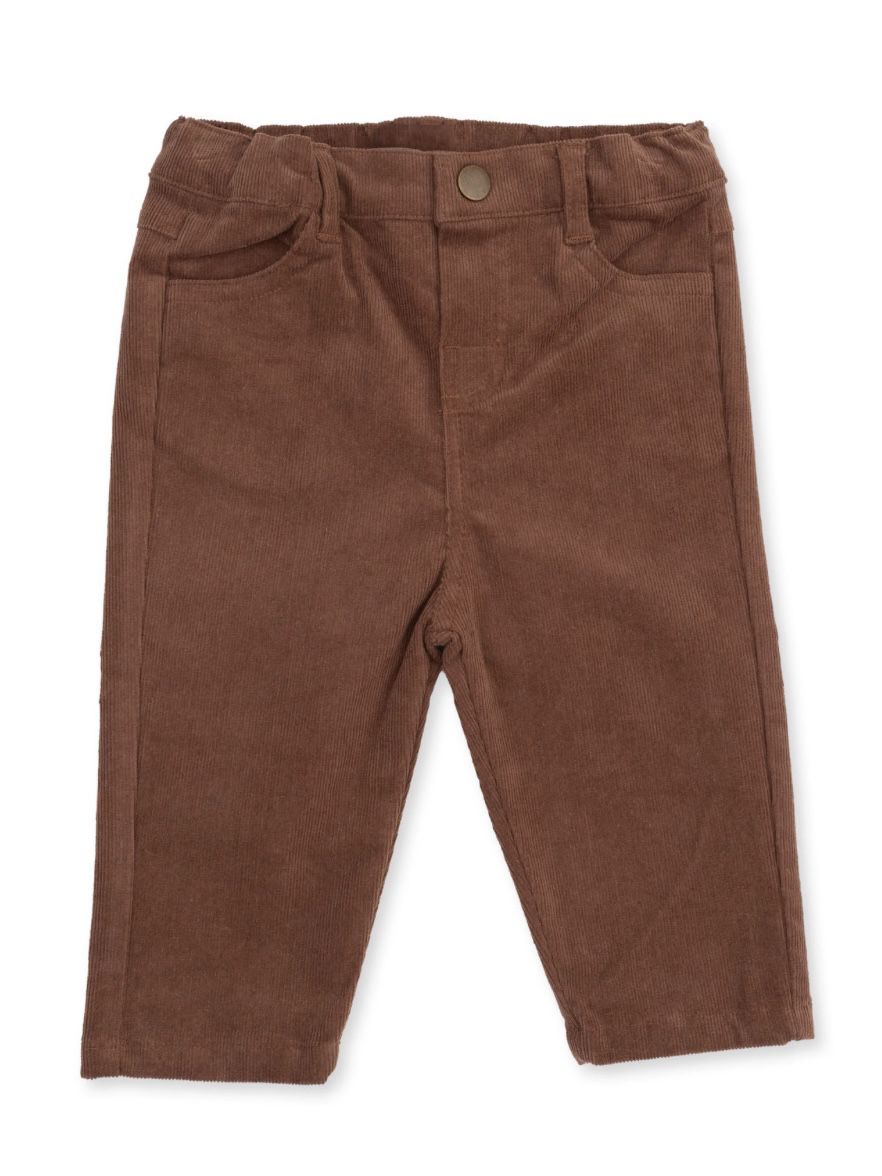 Brown corduroy pants for kids, featuring five pockets and a button closure. Perfect for casual wear.