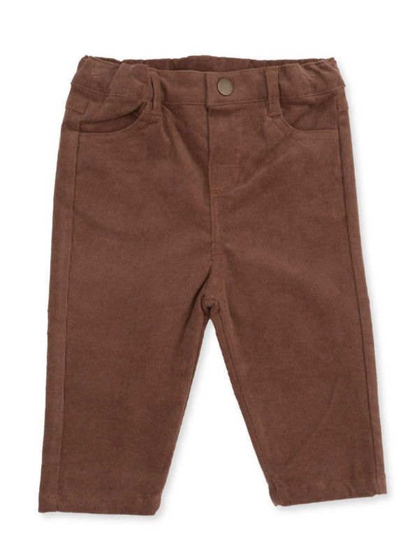 Brown corduroy pants for kids, featuring five pockets and a button closure. Perfect for casual wear.