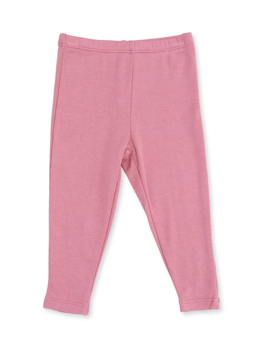 Pink ribbed leggings for children, featuring a stretchy waistband and tapered legs.