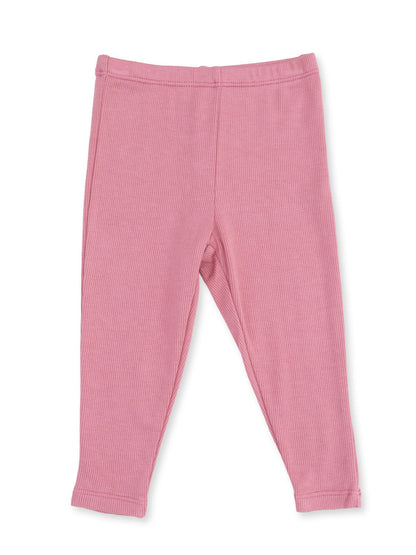 Pink ribbed leggings for children, featuring a stretchy waistband and tapered legs.