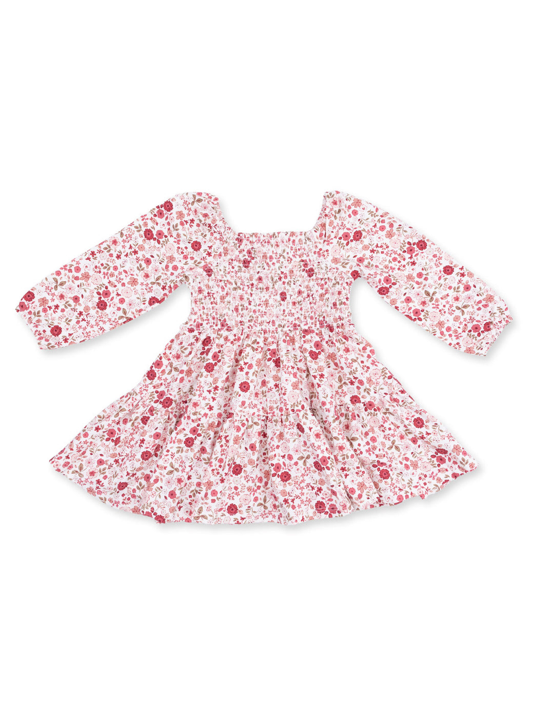 Floral long-sleeve dress with smocked bodice and gathered skirt, featuring pink and red flower patterns on a white background.