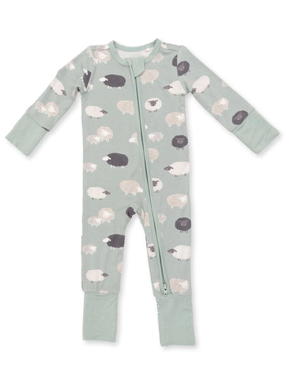 Light green zip-up onesie with sheep print in various colors, featuring long sleeves and footed legs.