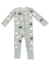 Light green zip-up onesie with sheep print in various colors, featuring long sleeves and footed legs.