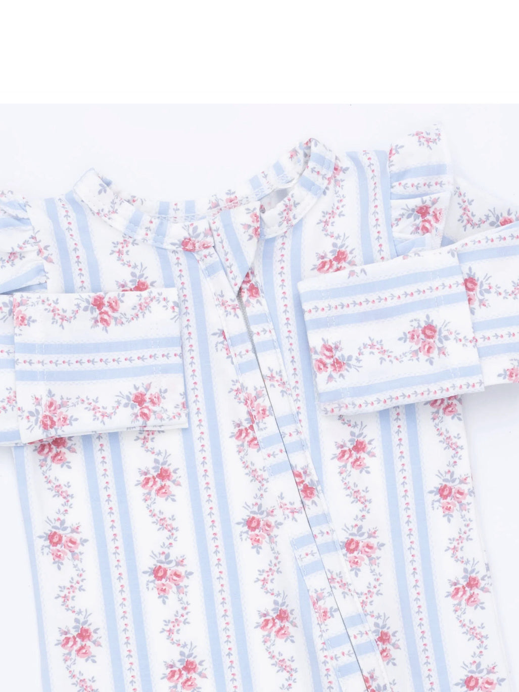 Floral-patterned blouse with blue stripes and ruffled sleeves, featuring a button-down front.