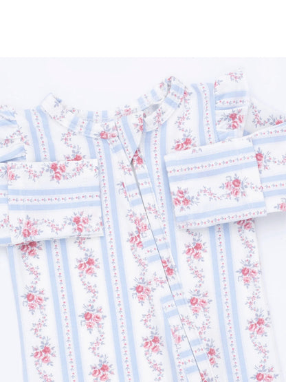 Floral-patterned blouse with blue stripes and ruffled sleeves, featuring a button-down front.
